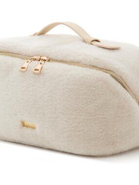Travel Makeup Bag for Women, Faux Fur Cosmetic Bag, Beige, Medium